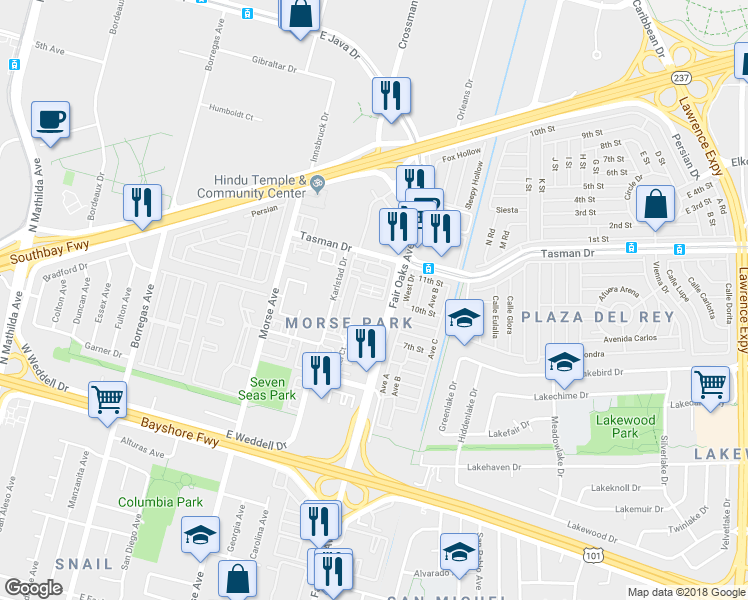 map of restaurants, bars, coffee shops, grocery stores, and more near 582 Kiholo Terrace in Sunnyvale