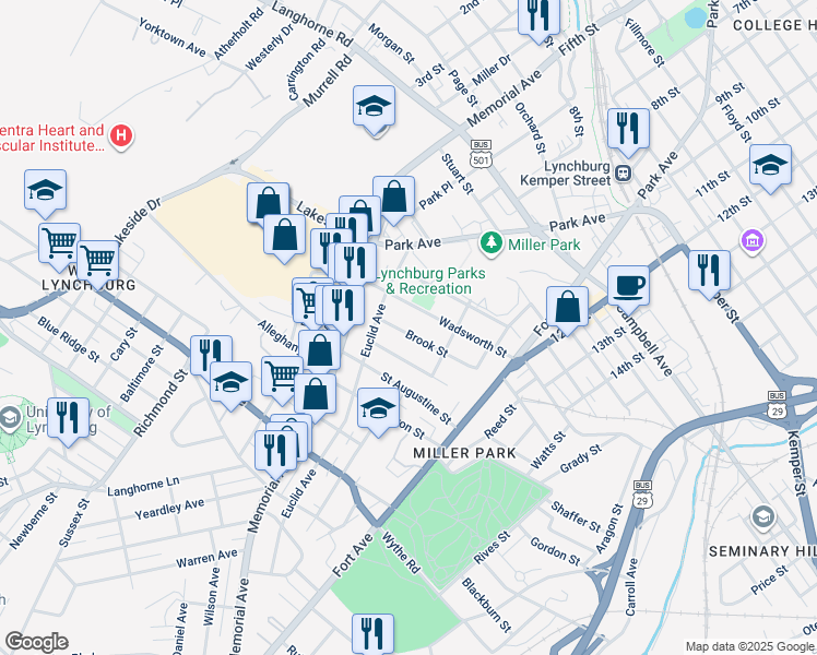 map of restaurants, bars, coffee shops, grocery stores, and more near 868 Brook Street in Lynchburg