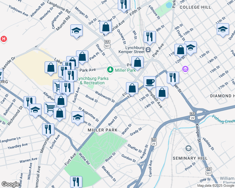 map of restaurants, bars, coffee shops, grocery stores, and more near 2310 Marsh Street in Lynchburg
