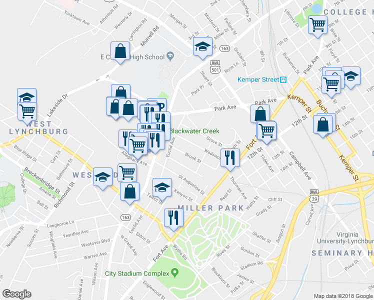 map of restaurants, bars, coffee shops, grocery stores, and more near 876 Brook Street in Lynchburg