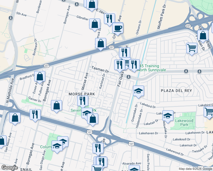 map of restaurants, bars, coffee shops, grocery stores, and more near 1090 Munich Terrace in Sunnyvale