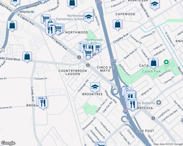 map of restaurants, bars, coffee shops, grocery stores, and more near 1845 Esprit Court in San Jose