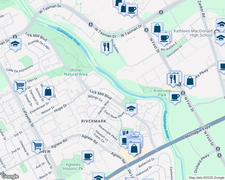 map of restaurants, bars, coffee shops, grocery stores, and more near 4455 Laird Circle in Santa Clara
