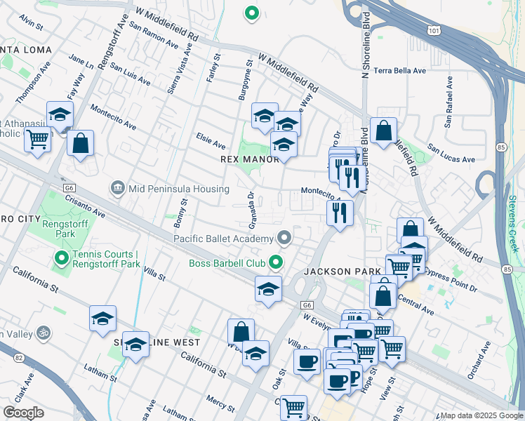 map of restaurants, bars, coffee shops, grocery stores, and more near 423 Lotus Lane in Mountain View