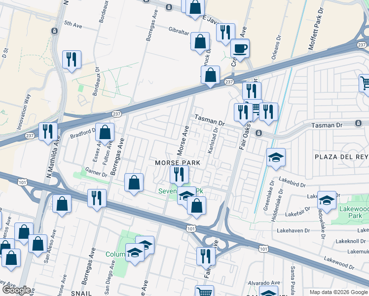 map of restaurants, bars, coffee shops, grocery stores, and more near 1064 Morse Avenue in Sunnyvale