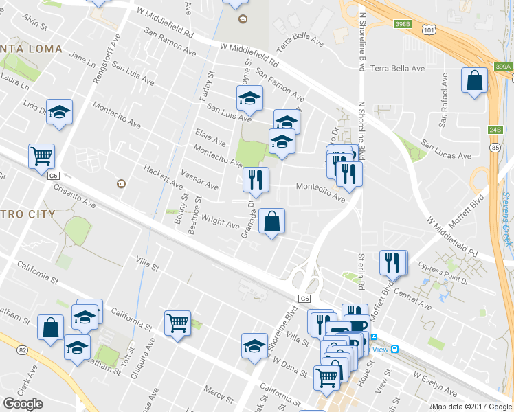map of restaurants, bars, coffee shops, grocery stores, and more near 411 Lotus Lane in Mountain View