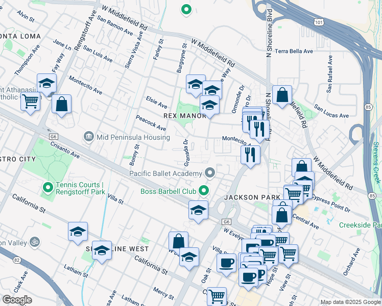 map of restaurants, bars, coffee shops, grocery stores, and more near 411 Lotus Lane in Mountain View