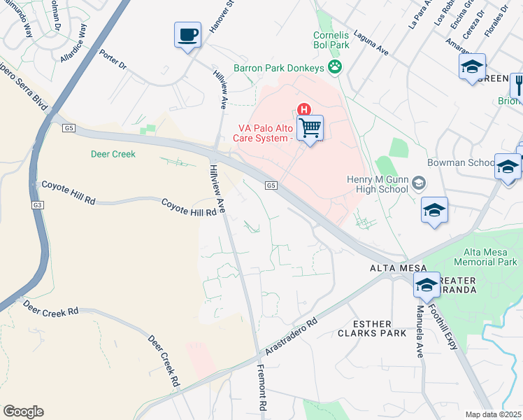 map of restaurants, bars, coffee shops, grocery stores, and more near 3407 Hillview Avenue in Palo Alto