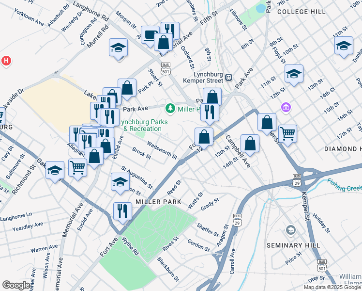 map of restaurants, bars, coffee shops, grocery stores, and more near 2310 Marsh Street in Lynchburg