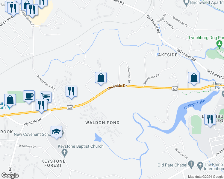 map of restaurants, bars, coffee shops, grocery stores, and more near 2009 Lakeside Drive in Lynchburg