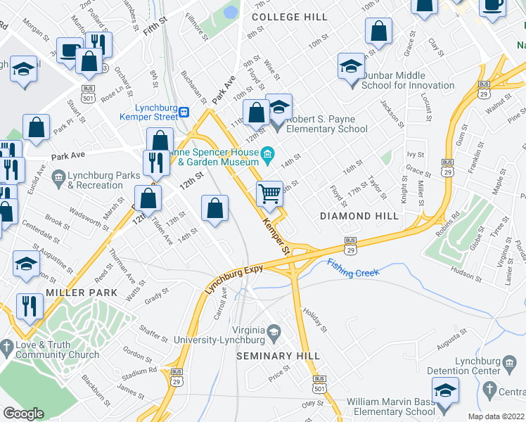map of restaurants, bars, coffee shops, grocery stores, and more near 1718 15th Street in Lynchburg