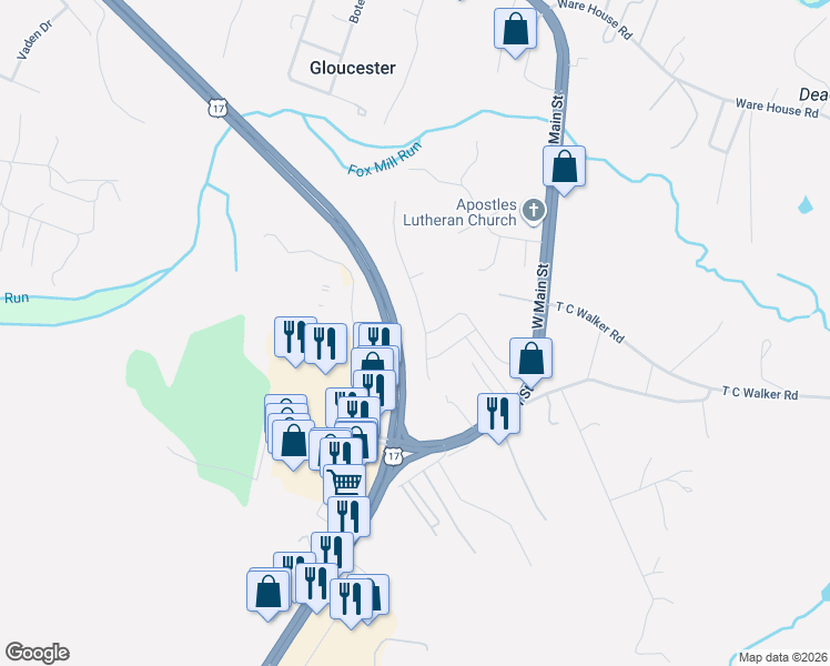 map of restaurants, bars, coffee shops, grocery stores, and more near 6807 Village South Drive in Gloucester