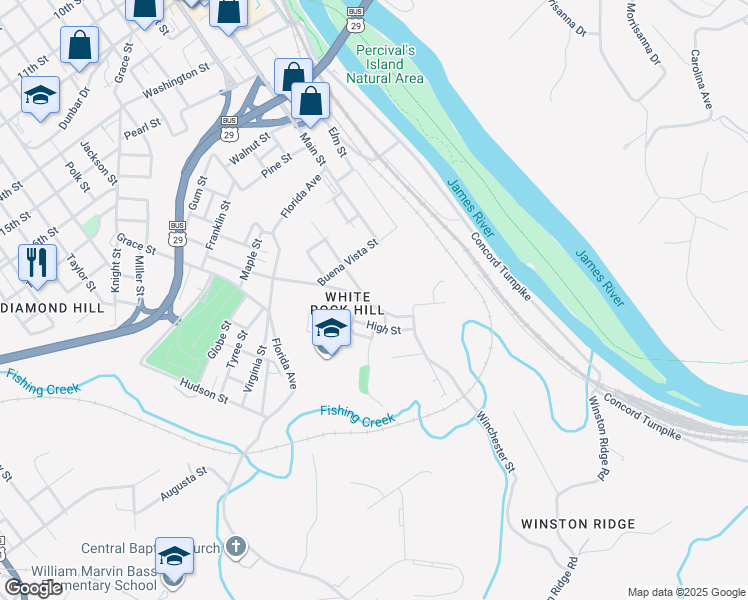 map of restaurants, bars, coffee shops, grocery stores, and more near 2228 Tulip Street in Lynchburg