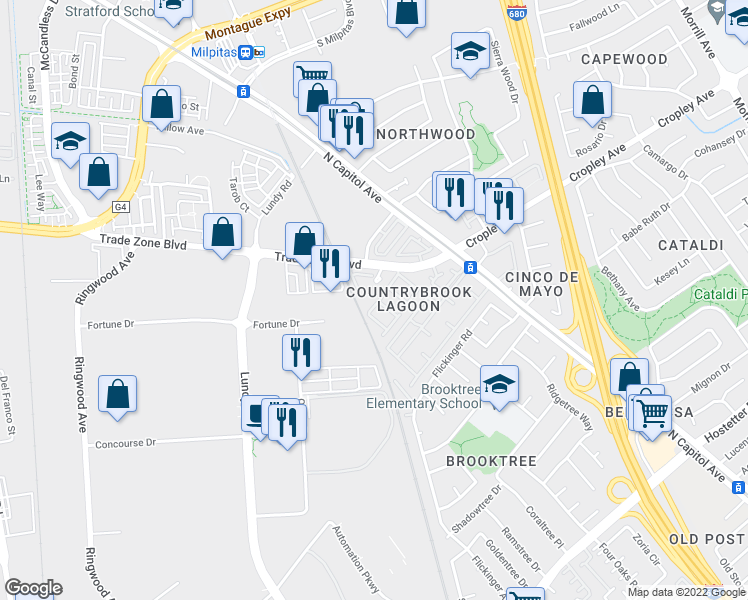 map of restaurants, bars, coffee shops, grocery stores, and more near 1915 North Star Circle in San Jose