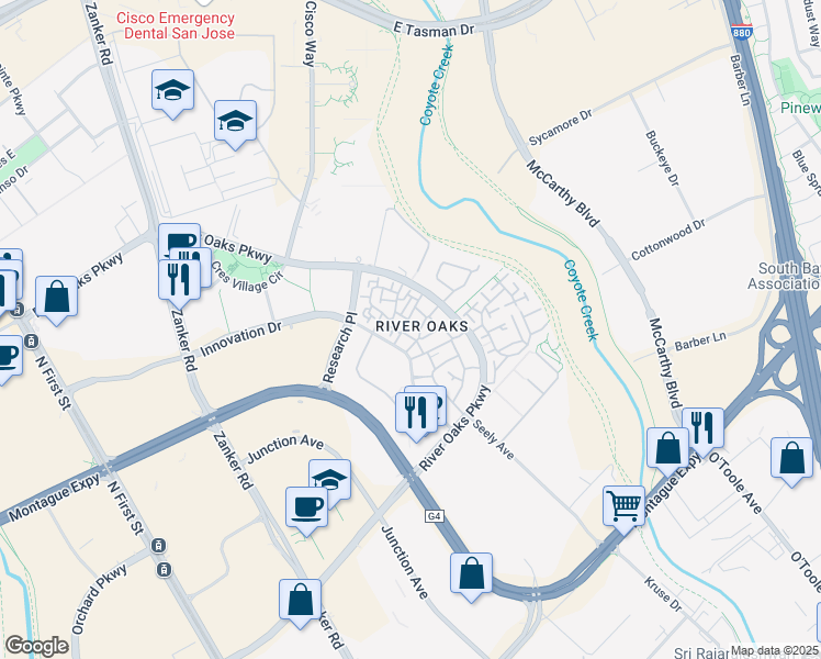 map of restaurants, bars, coffee shops, grocery stores, and more near 426-1 Village Center Drive in San Jose