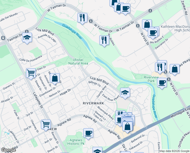 map of restaurants, bars, coffee shops, grocery stores, and more near 4480 Billings Circle in Santa Clara