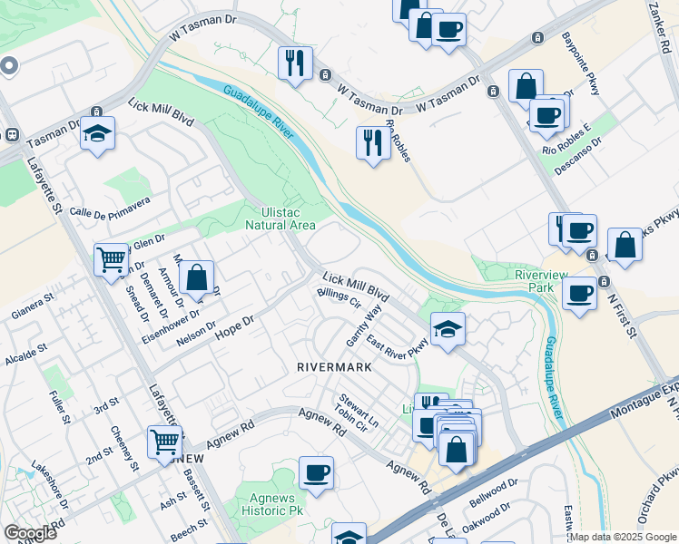map of restaurants, bars, coffee shops, grocery stores, and more near 4535 Lick Mill Boulevard in Santa Clara