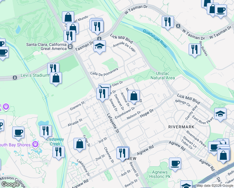 map of restaurants, bars, coffee shops, grocery stores, and more near 4687 Demaret Drive in Santa Clara