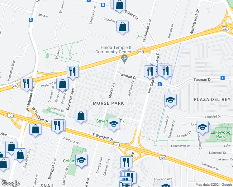 map of restaurants, bars, coffee shops, grocery stores, and more near 1113 Lubeck Terrace in Sunnyvale