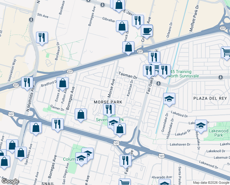 map of restaurants, bars, coffee shops, grocery stores, and more near 1064 Morse Avenue in Sunnyvale