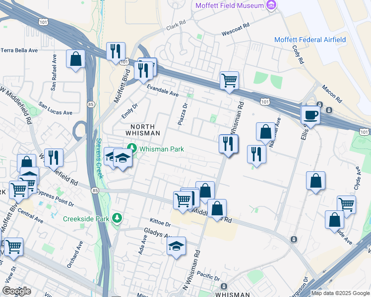 map of restaurants, bars, coffee shops, grocery stores, and more near 204 Athena Court in Mountain View