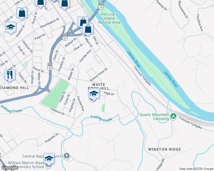 map of restaurants, bars, coffee shops, grocery stores, and more near 2412 High Street in Lynchburg