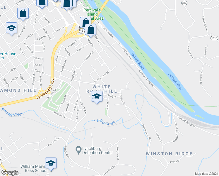 map of restaurants, bars, coffee shops, grocery stores, and more near 2412 High Street in Lynchburg