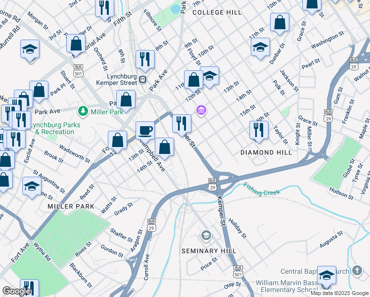 map of restaurants, bars, coffee shops, grocery stores, and more near 1501 Kemper Street in Lynchburg
