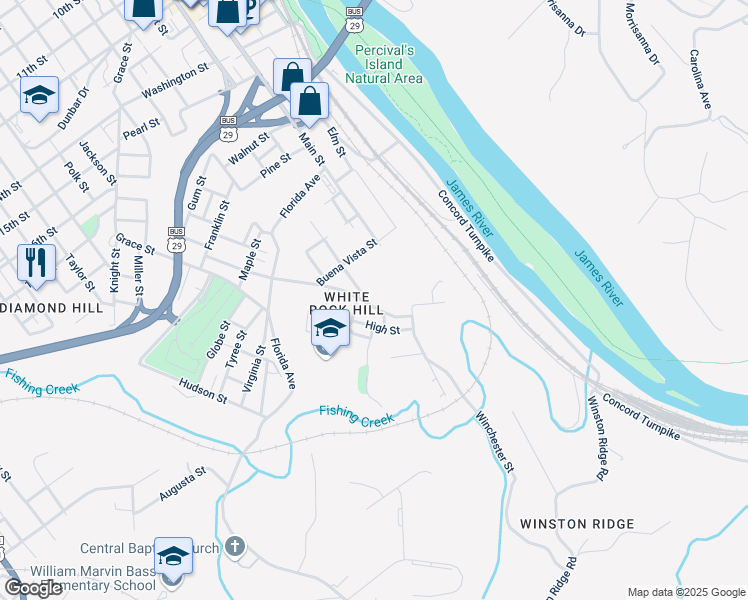 map of restaurants, bars, coffee shops, grocery stores, and more near 2228 Tulip Street in Lynchburg