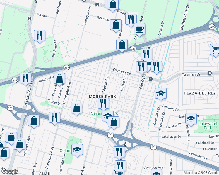 map of restaurants, bars, coffee shops, grocery stores, and more near 1160 Morse Avenue in Sunnyvale