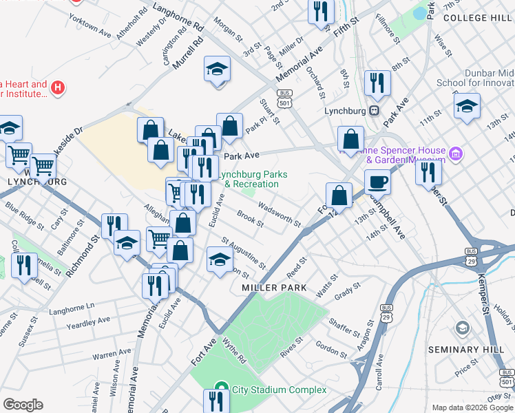 map of restaurants, bars, coffee shops, grocery stores, and more near 1006 Brook Street in Lynchburg