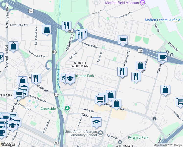 map of restaurants, bars, coffee shops, grocery stores, and more near 38 Sherland Avenue in Mountain View