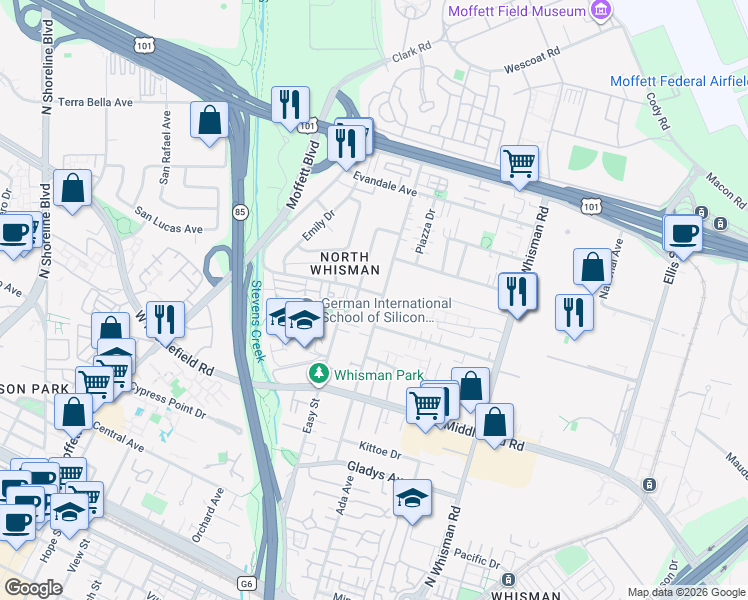 map of restaurants, bars, coffee shops, grocery stores, and more near 398 Tyrella Avenue in Mountain View