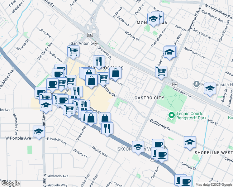 map of restaurants, bars, coffee shops, grocery stores, and more near 2310 California Street in Mountain View