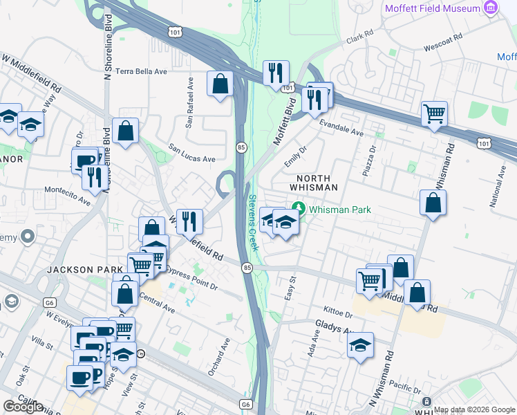 map of restaurants, bars, coffee shops, grocery stores, and more near 620 Alamo Court in Mountain View