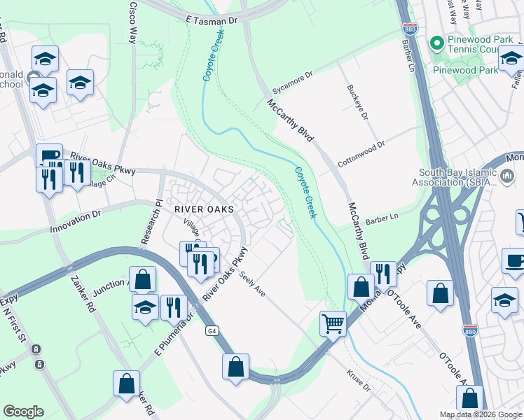 map of restaurants, bars, coffee shops, grocery stores, and more near 534 Mill River Lane in San Jose