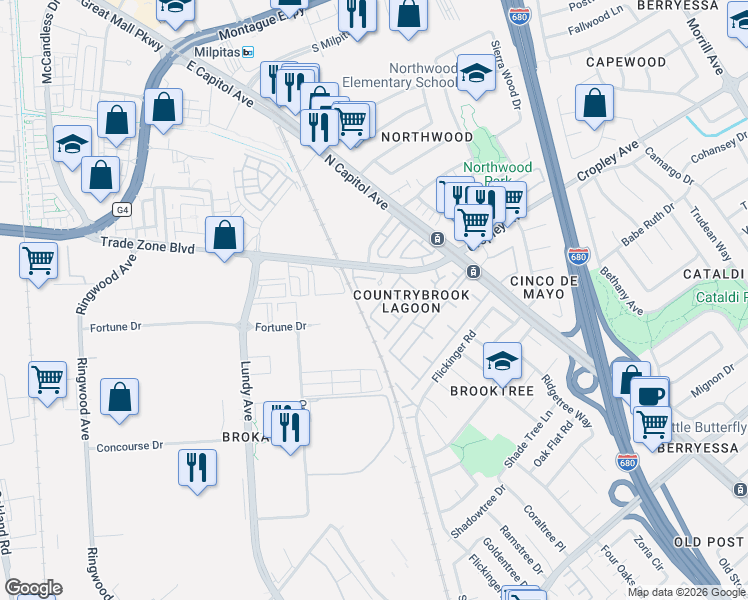 map of restaurants, bars, coffee shops, grocery stores, and more near 2398 Trade Zone Boulevard in San Jose