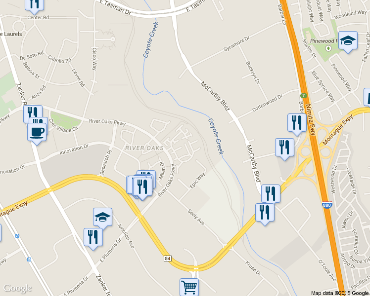 map of restaurants, bars, coffee shops, grocery stores, and more near 534 Mill River Lane in San Jose