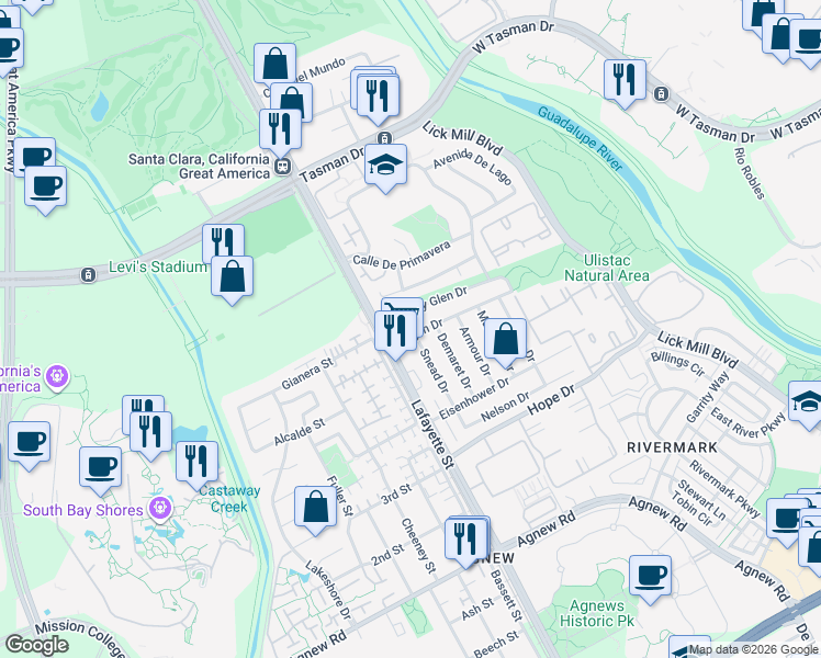 map of restaurants, bars, coffee shops, grocery stores, and more near 2138 Fairway Glen Drive in Santa Clara