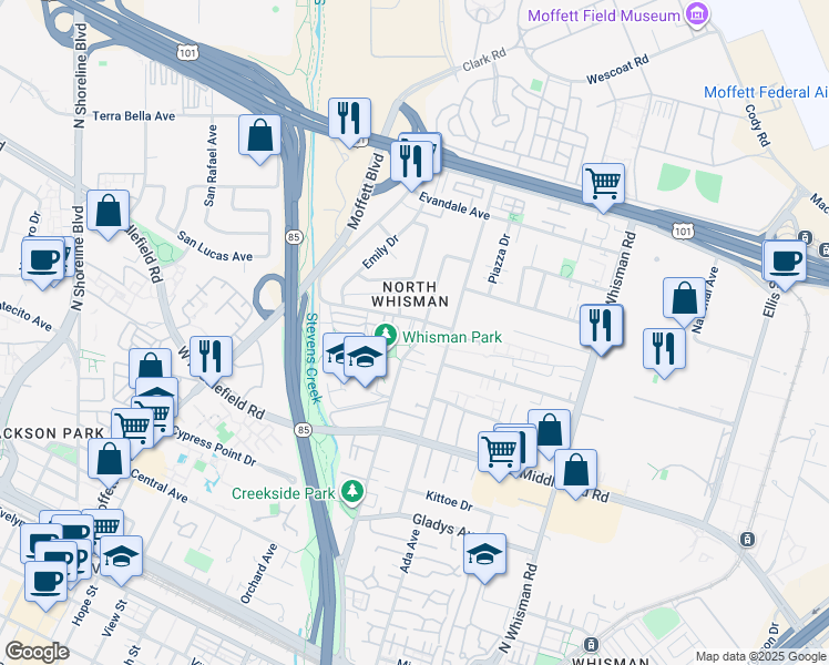 map of restaurants, bars, coffee shops, grocery stores, and more near 510 Walker Drive in Mountain View