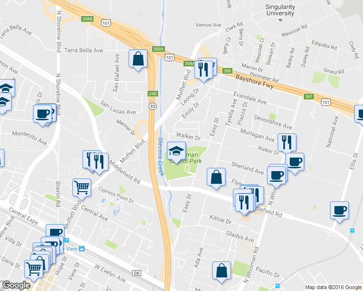 map of restaurants, bars, coffee shops, grocery stores, and more near 520 Walker Drive in Mountain View