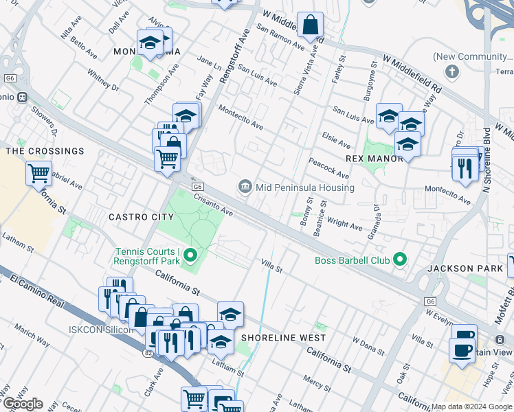 map of restaurants, bars, coffee shops, grocery stores, and more near 1972 Silverwood Avenue in Mountain View
