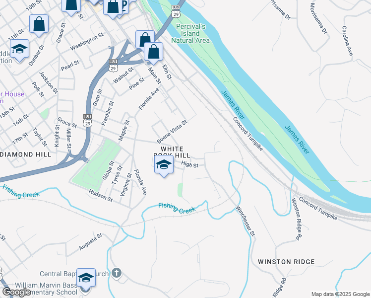 map of restaurants, bars, coffee shops, grocery stores, and more near 2508 Davis Street in Lynchburg