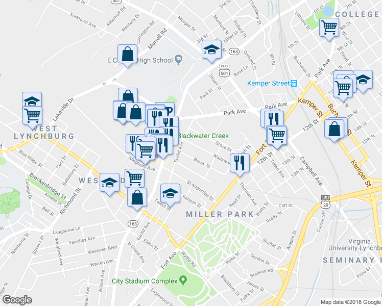 map of restaurants, bars, coffee shops, grocery stores, and more near 212 Wadsworth Street in Lynchburg