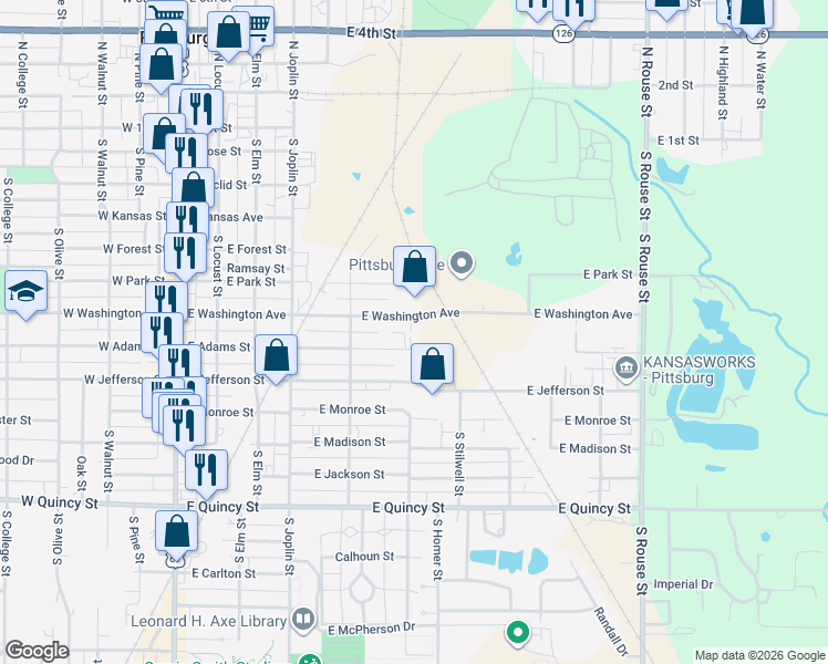 map of restaurants, bars, coffee shops, grocery stores, and more near 629-697 East Washington Street in Pittsburg