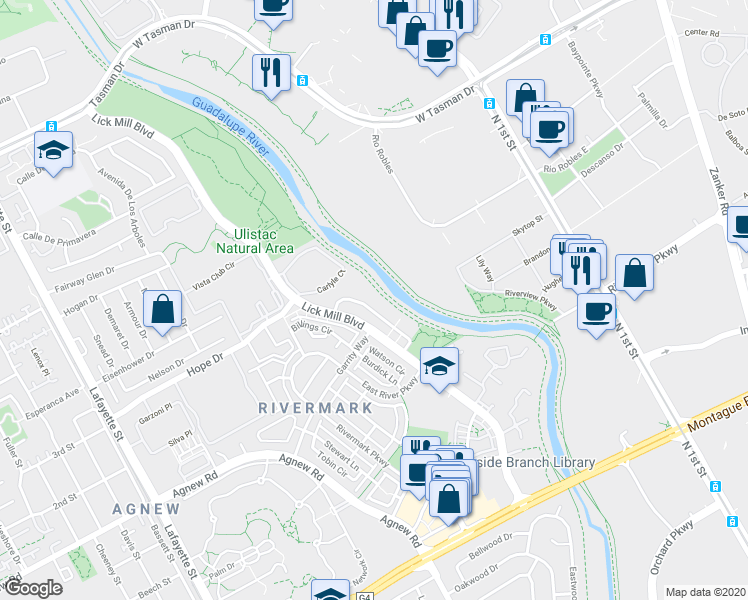 map of restaurants, bars, coffee shops, grocery stores, and more near 4467 Laird Circle in Santa Clara