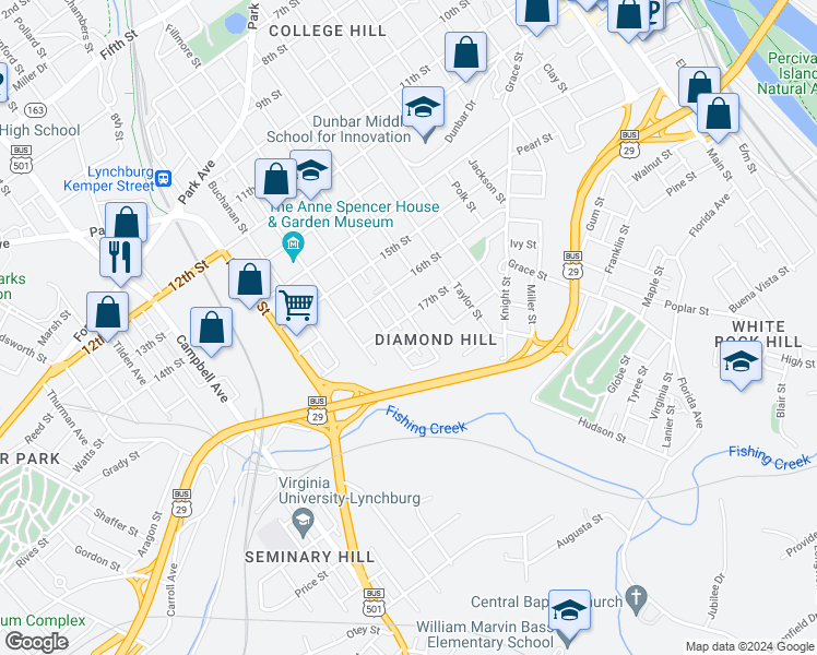 map of restaurants, bars, coffee shops, grocery stores, and more near 1707 Floyd Street in Lynchburg