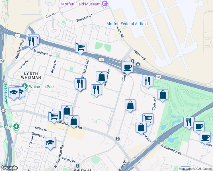 map of restaurants, bars, coffee shops, grocery stores, and more near 625 National Ave in Mountain View