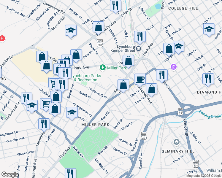 map of restaurants, bars, coffee shops, grocery stores, and more near 2306 Marsh Street in Lynchburg