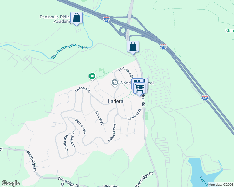 map of restaurants, bars, coffee shops, grocery stores, and more near 375 La Cuesta Drive in Menlo Park